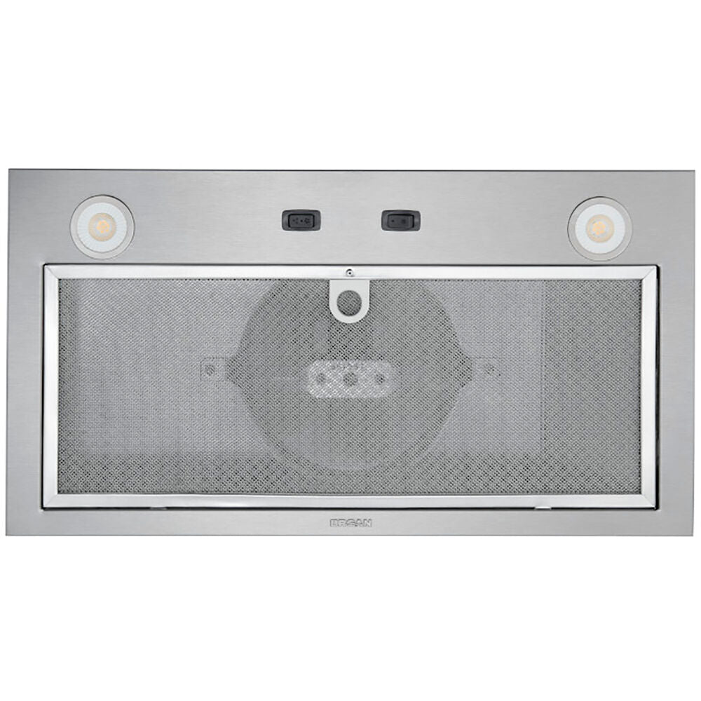 Stainless steel range hood power pack insert with LED lights and two-speed fan controls in kitchen appliances collections