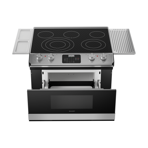30-inch smart electric cooktop with five heating elements, LED controls, microwave drawer, and side prep trays in kitchen appliances