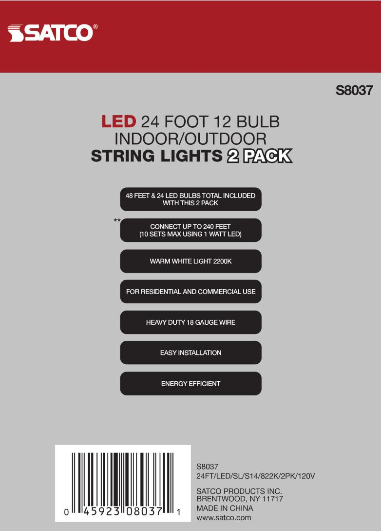 Set of two 24-foot warm white LED string lights with 12 bulbs each for indoor and outdoor use, energy efficient and easy to install