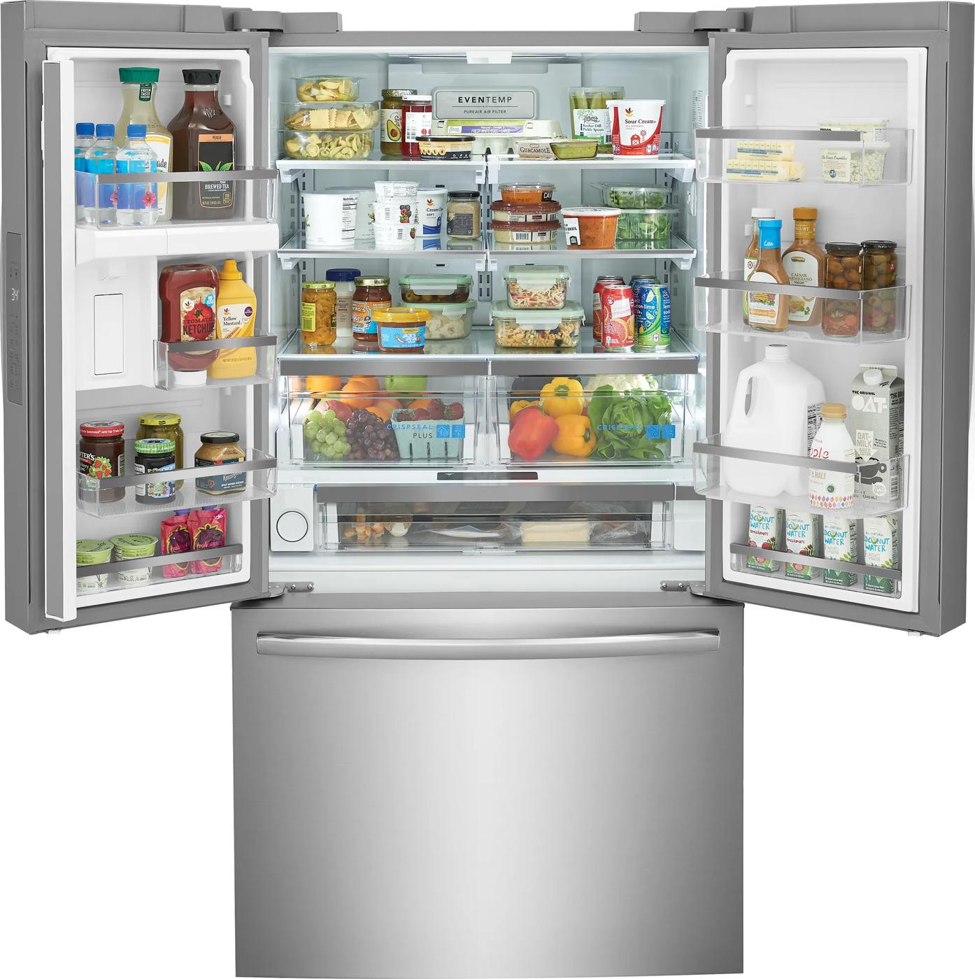 French door refrigerator with spacious interior, adjustable shelves, crispers, and a bottom freezer in kitchen appliances collection