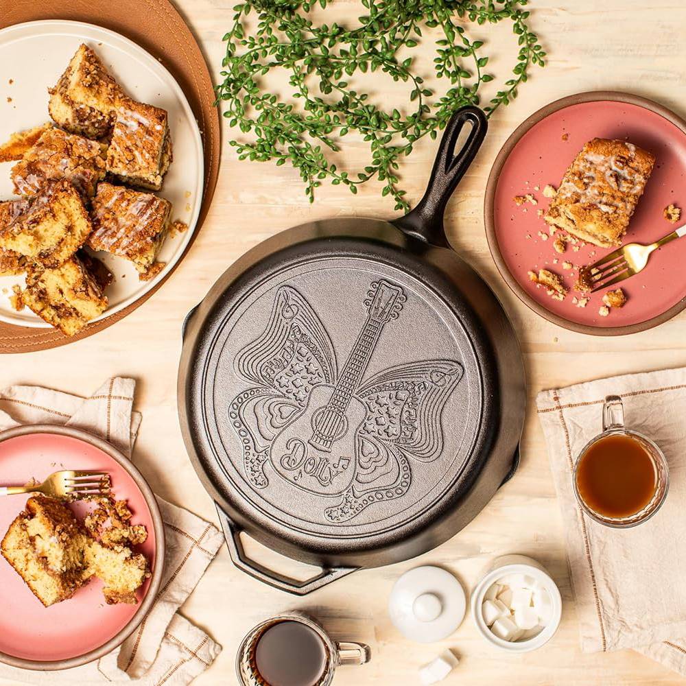 12-inch cast iron skillet with decorative butterfly and guitar design, durable cookware for kitchenware and Lodge Cast Iron collections
