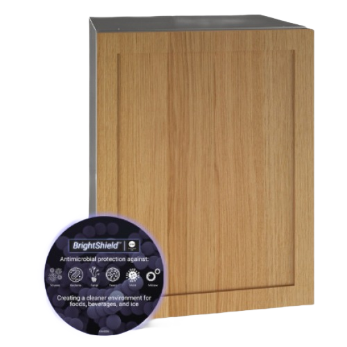 Built-in refrigerator with wood panel door and antimicrobial BrightShield technology for kitchen appliances collection
