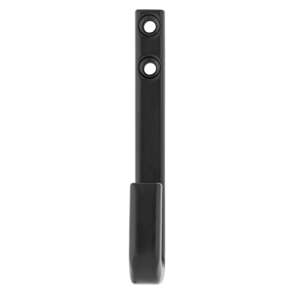 Matte black zinc hook with 4-inch curved design for durable storage and organization under $50 home improvement tool