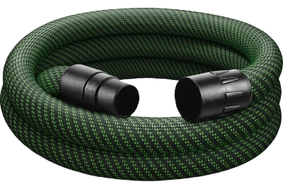 Green and black anti-static extractor hose with smooth outer skin and connectors for dust collector and woodworking tools