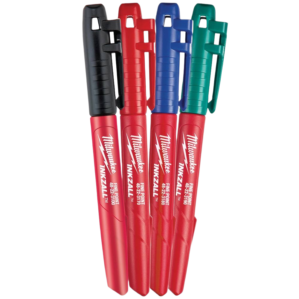 Set of four fine point multi-color markers with red bodies and colored caps for precise marking in tools and home improvement tasks