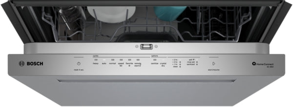 Top view of an open Bosch dishwasher with stainless steel front and control panel in kitchen appliances collection