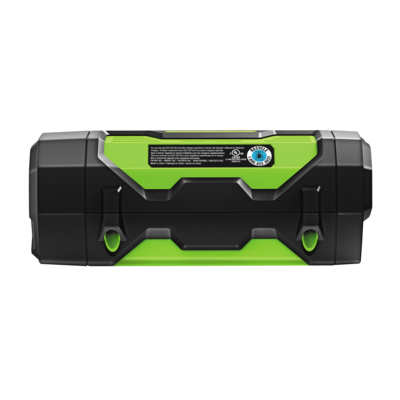 Green and black rechargeable lithium battery with integrated fuel gauge, part of tool accessories and portable power collection