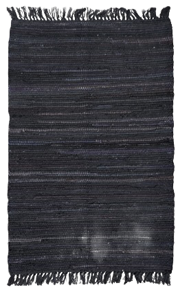Hand-loomed black cotton rag rug with woven texture and fringe edges for area rugs and flooring collections