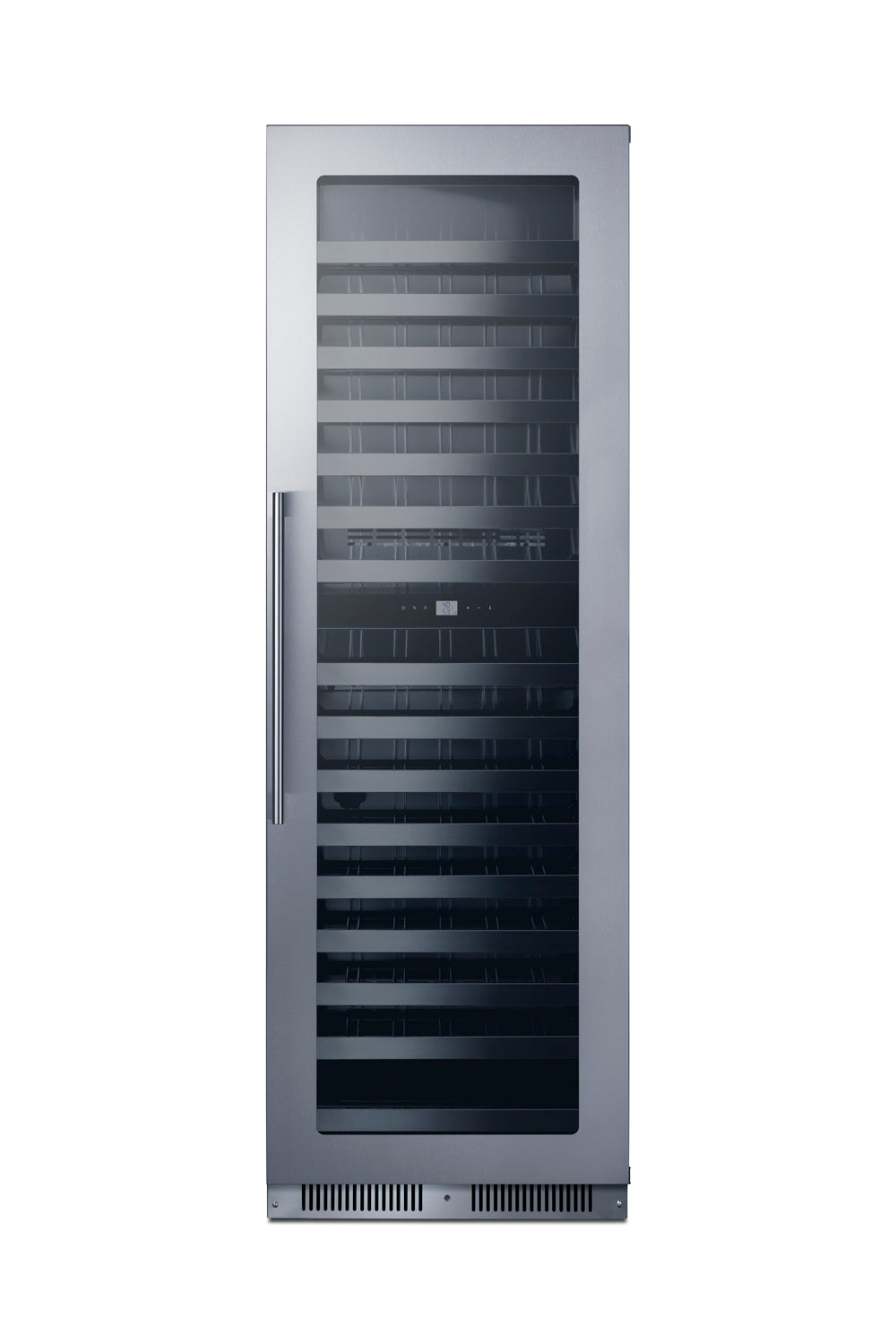 Tall stainless steel wine cellar with glass door and multiple black shelves for kitchen and appliance use