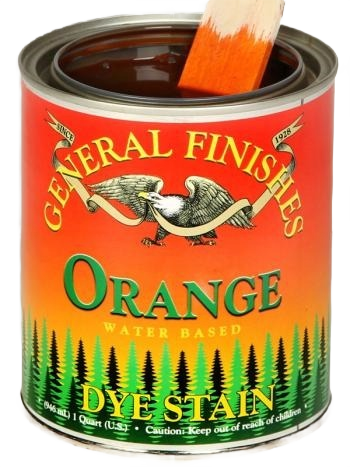Open can of orange water-based wood dye stain with brush dipped for home improvement projects in Paint & Supplies collection