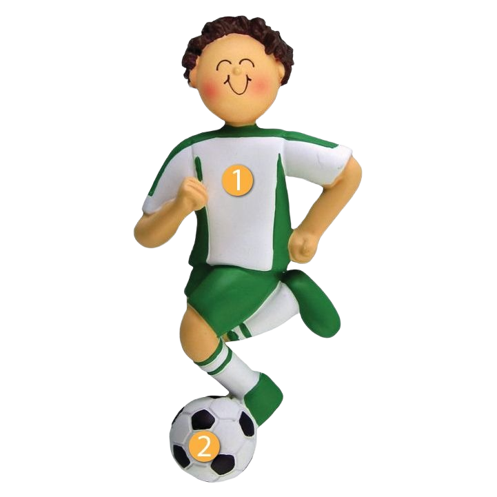 Brunette male figurine in green and white soccer uniform kicking black and white ball Christmas ornament under $50 collection
