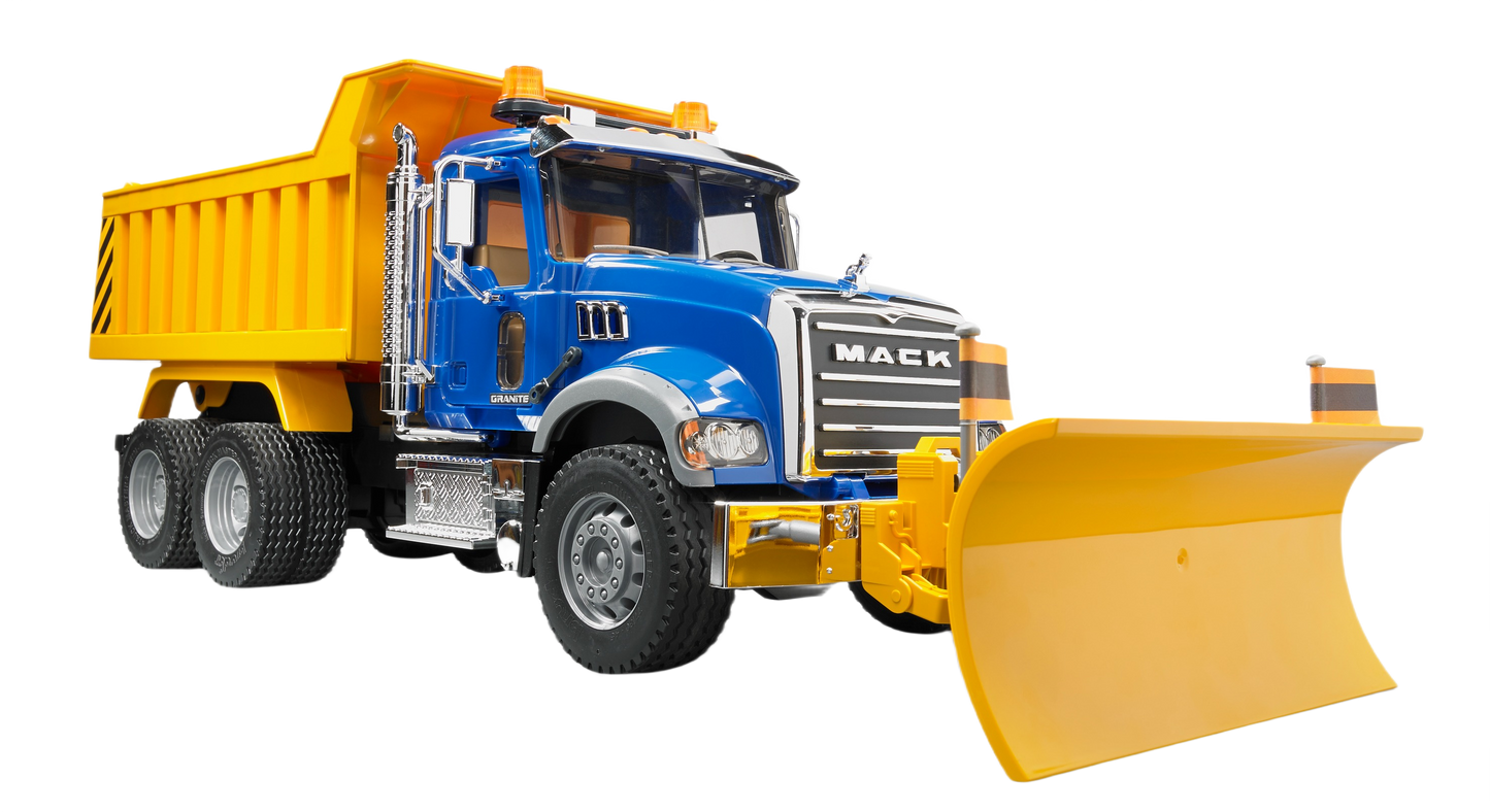 Blue and yellow Mack Granite dump truck toy with front plow for outdoor tools and home improvement play
