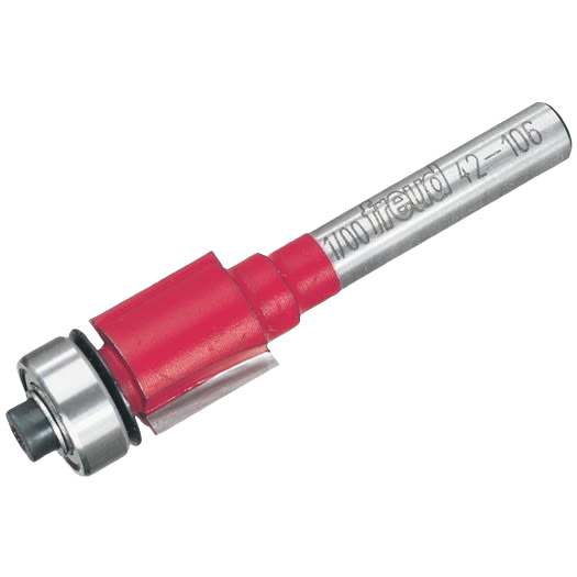 Carbide tip flush trim router bit with red body and metal bearing designed for precision woodworking in tool accessories collection