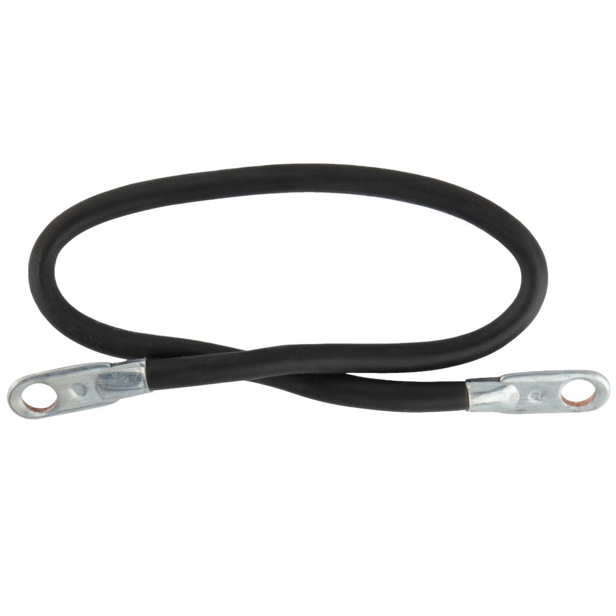 Flexible black 4 gauge battery cable with metal ring terminals designed for switch-to-start automotive electrical connections