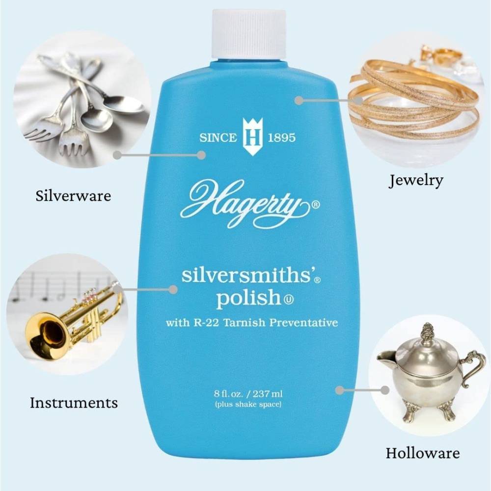 Blue bottle of silver polish lotion for cleaning and protecting silverware, jewelry, instruments, and holloware under $50 collection