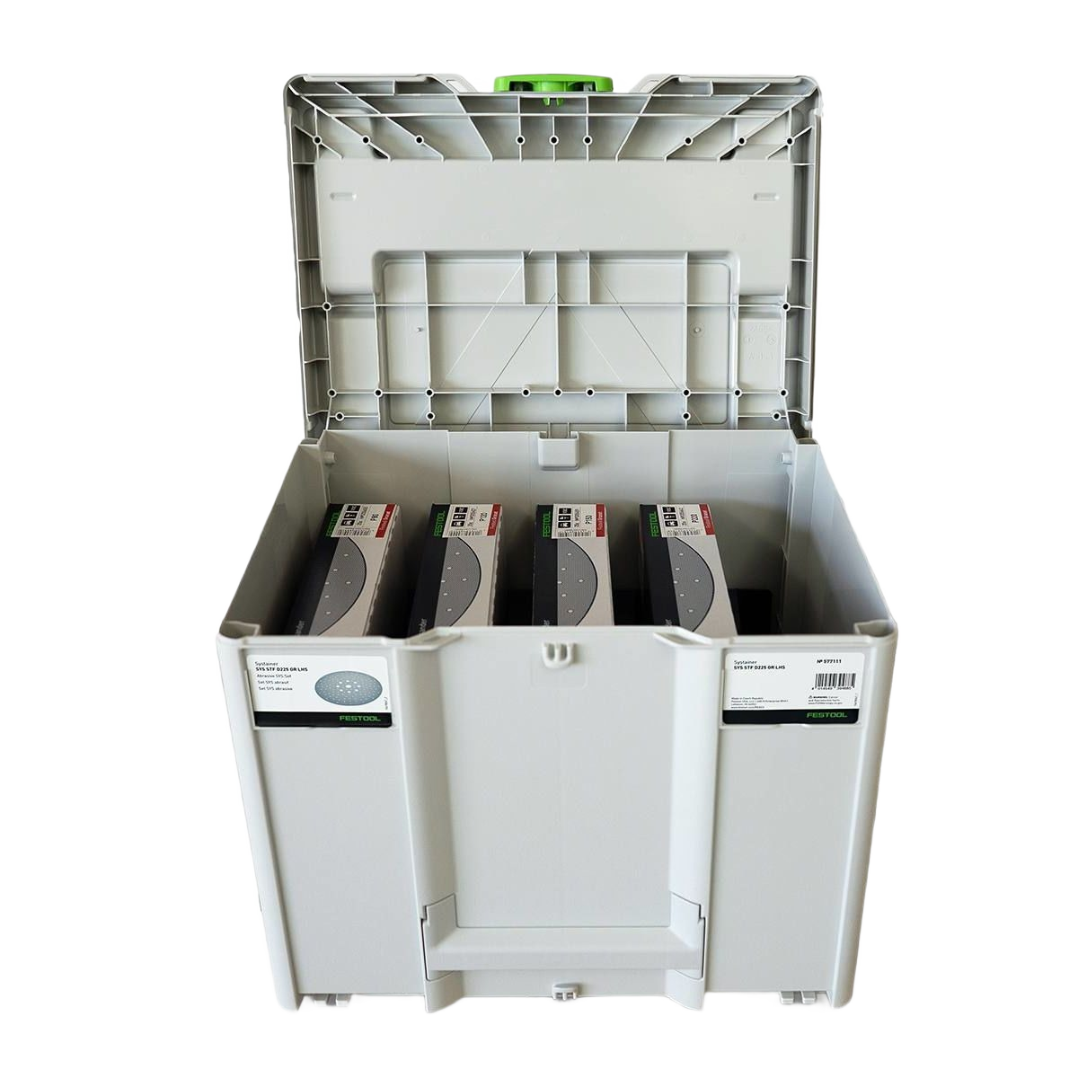 Gray plastic tool storage box with lid open holding organized abrasive discs for woodworking tools collection