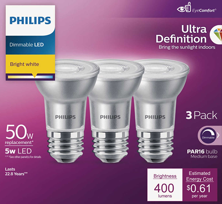 Three silver LED PAR16 reflector bulbs with medium bases for lighting and electrical use under $50 collections