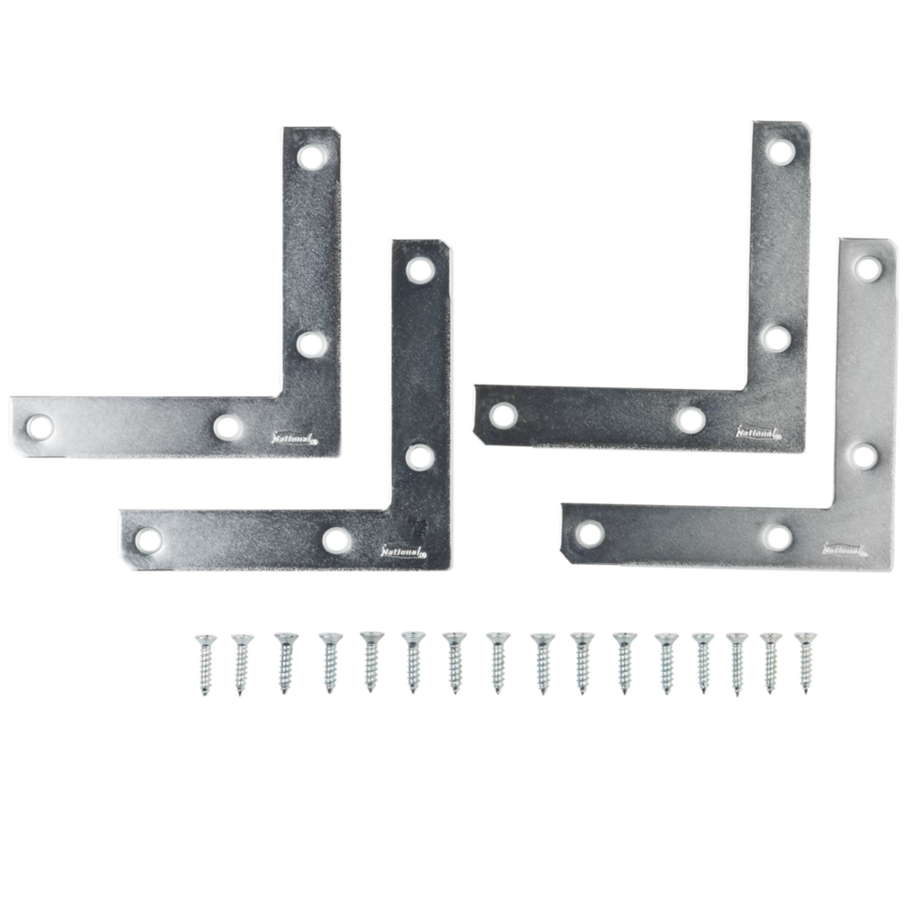Set of four zinc flat corner irons with screws for reinforcement in building hardware and lumber projects under $50