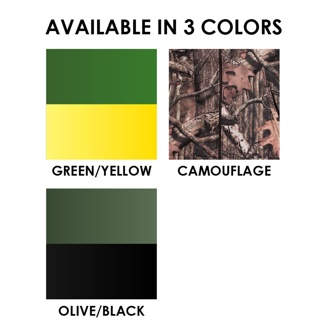 Three color options for John Deere UTVs featuring green and yellow, camouflage pattern, and olive green with black, displayed at Hartville Hardware.