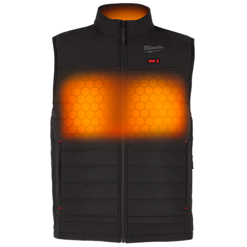 Men’s black lightweight heated vest with front zipper and heat zones for outdoor workwear and Milwaukee apparel collection