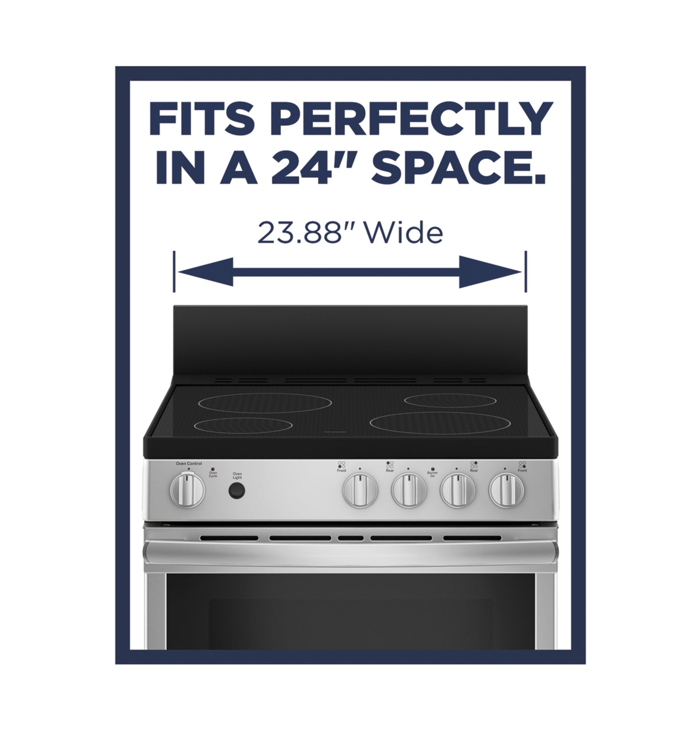 Stainless steel front control range with smooth black cooktop fitting a 24-inch wide kitchen space