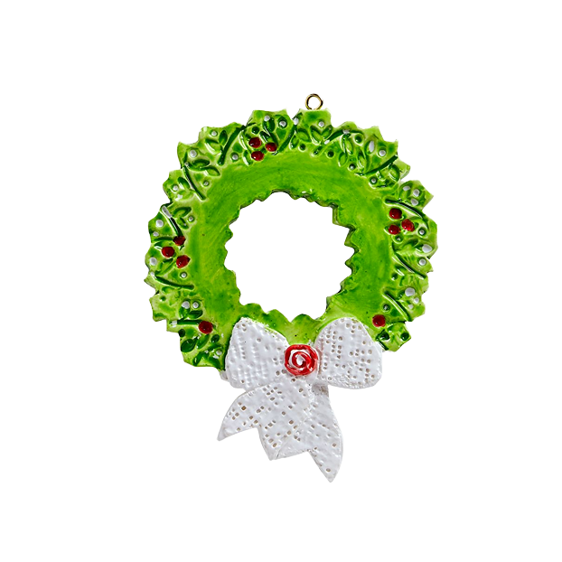 Green Christmas wreath ornament with red berries and white bow, festive tree decoration under $50