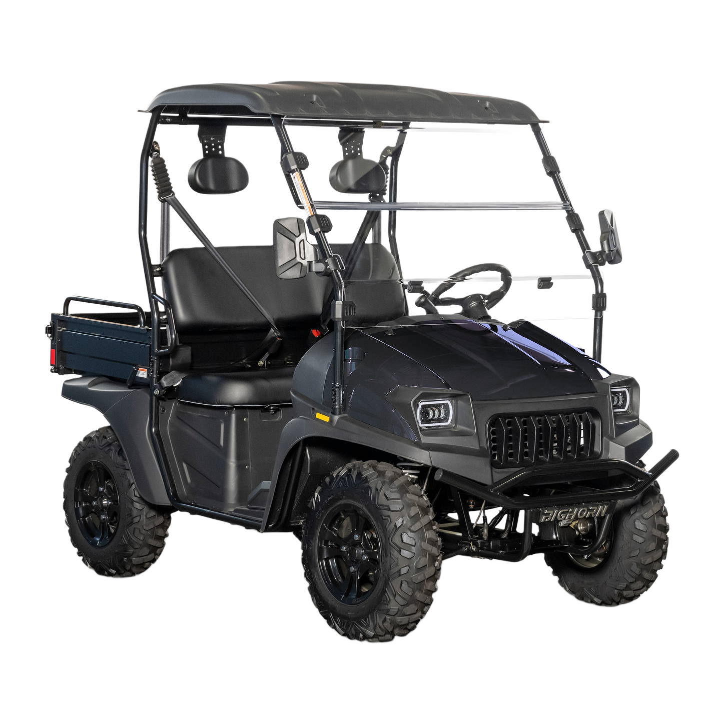 Compact black UTV with roll cage, off-road tires, and cargo bed suited for outdoor home improvement tasks