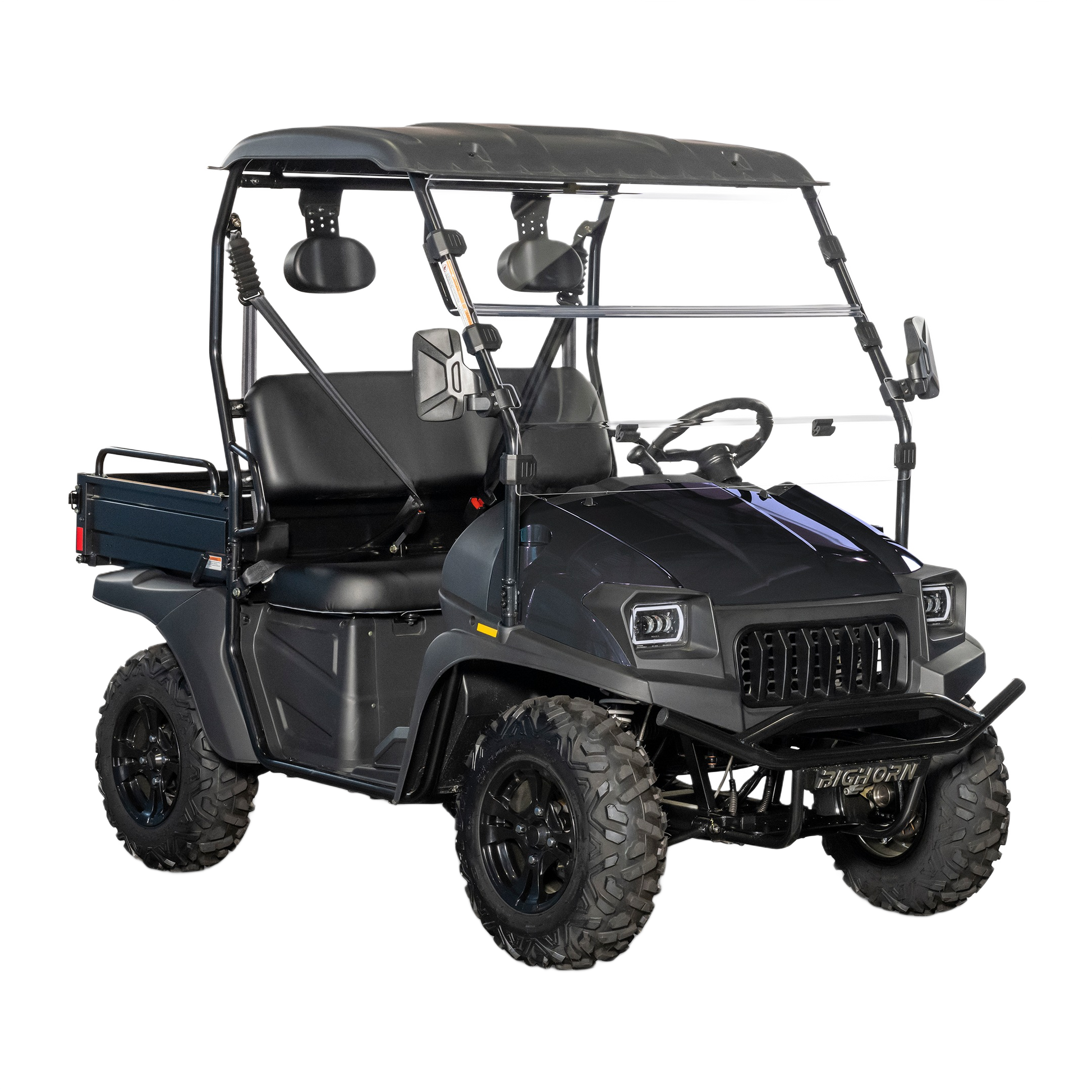 Compact black UTV with roll cage, off-road tires, and cargo bed suited for outdoor home improvement tasks