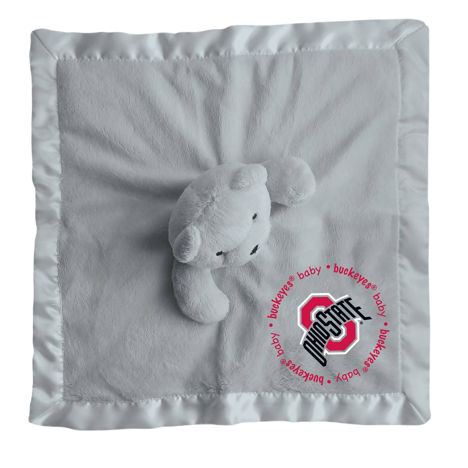 Gray plush baby security blanket with satin trim and Ohio State Buckeyes logo for children's comfort under $50 collections