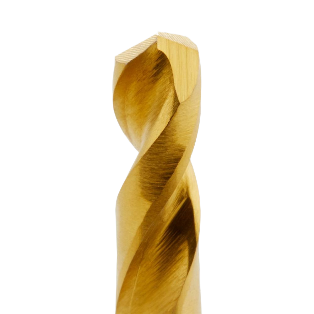 Close-up of a gold titanium drill bit tip with spiral flutes for home improvement and power tool accessory use