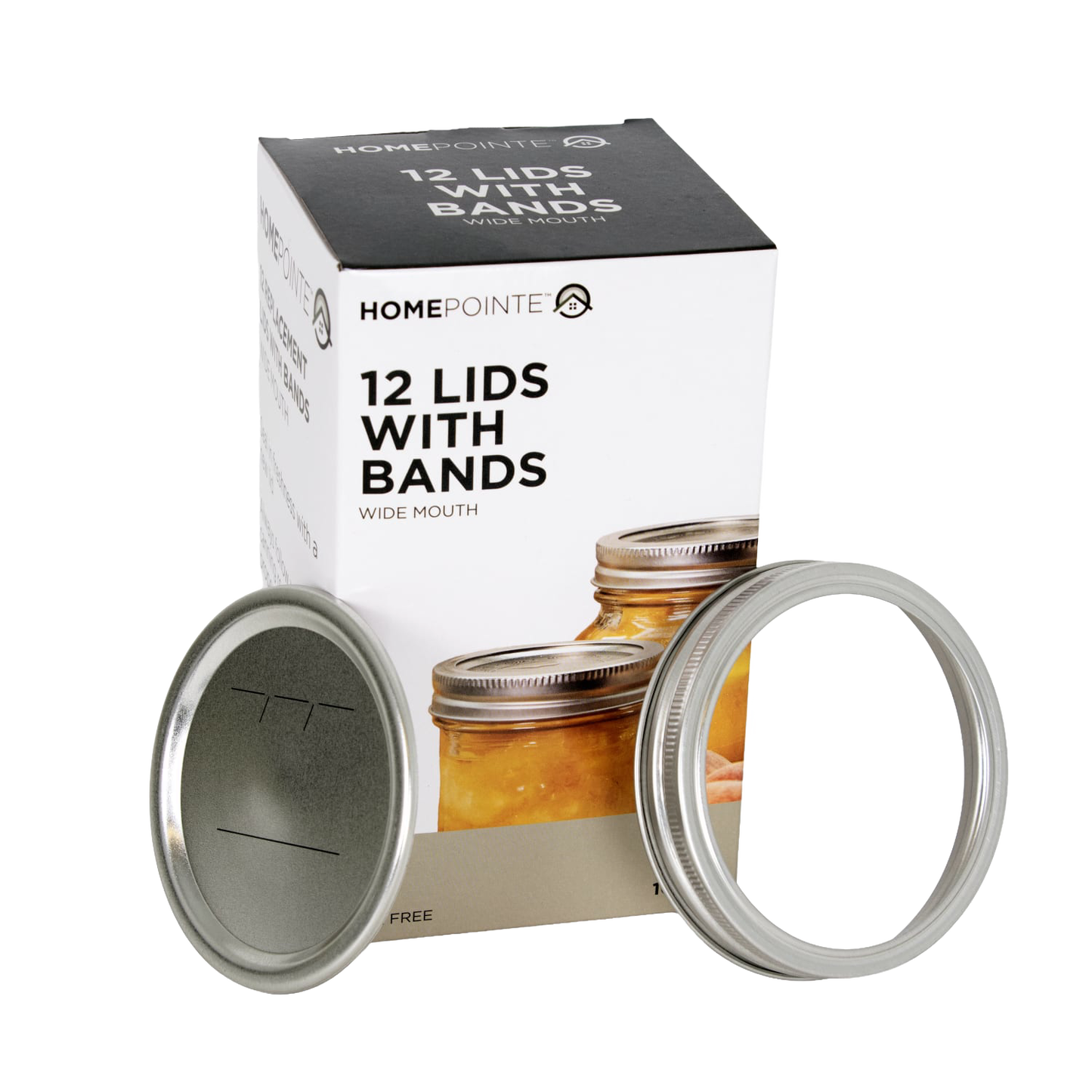 Package of 12 wide-mouth jar lids and silver metal bands shown with preserved jars in kitchenware under $50 collection
