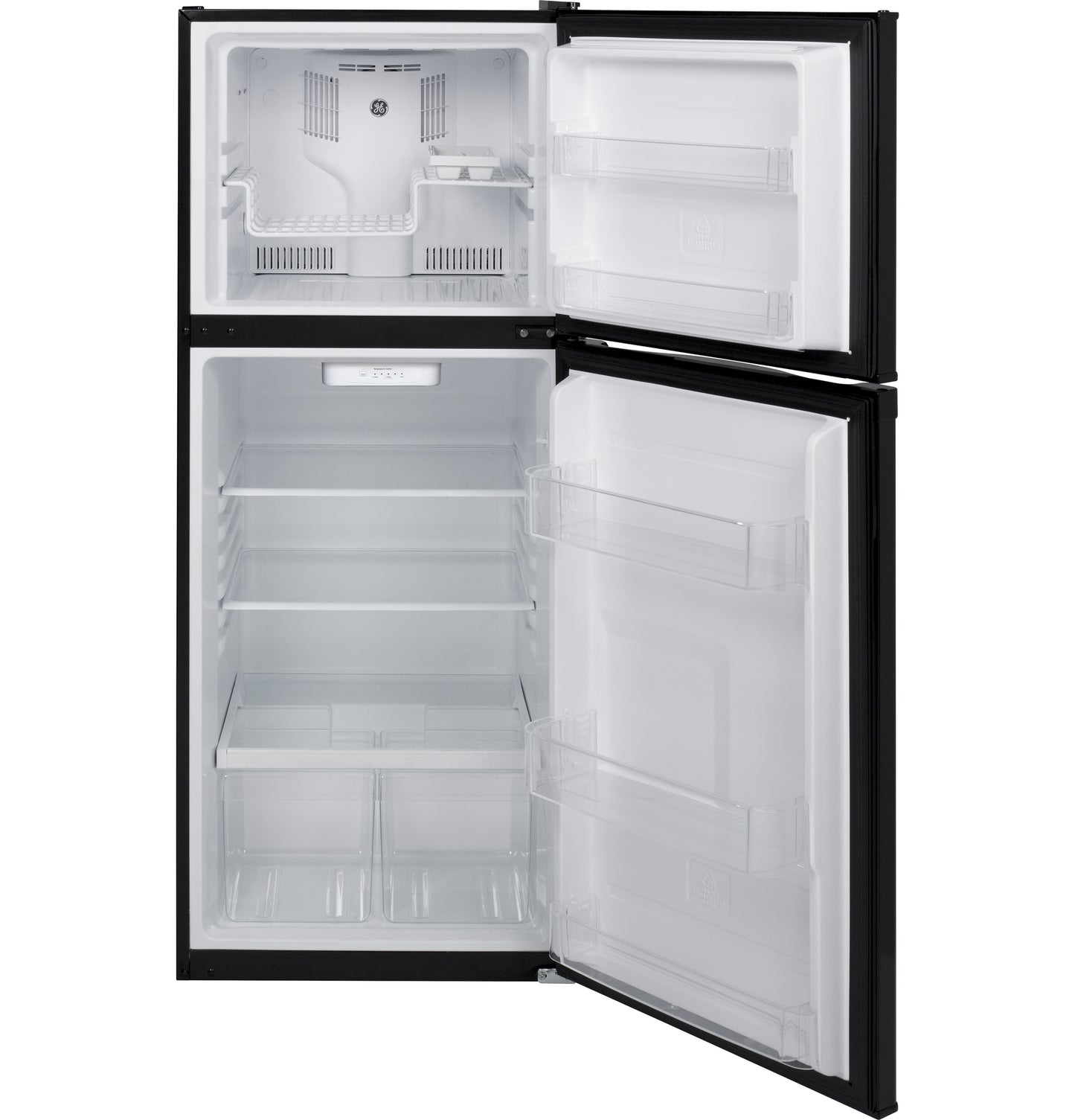Open black top-freezer refrigerator with adjustable shelves and clear door bins from Refrigerator and Appliances collections