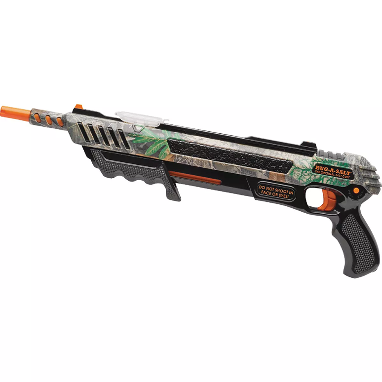 Camouflage-patterned insect blaster with ergonomic grip and orange trigger for outdoor pest control tasks