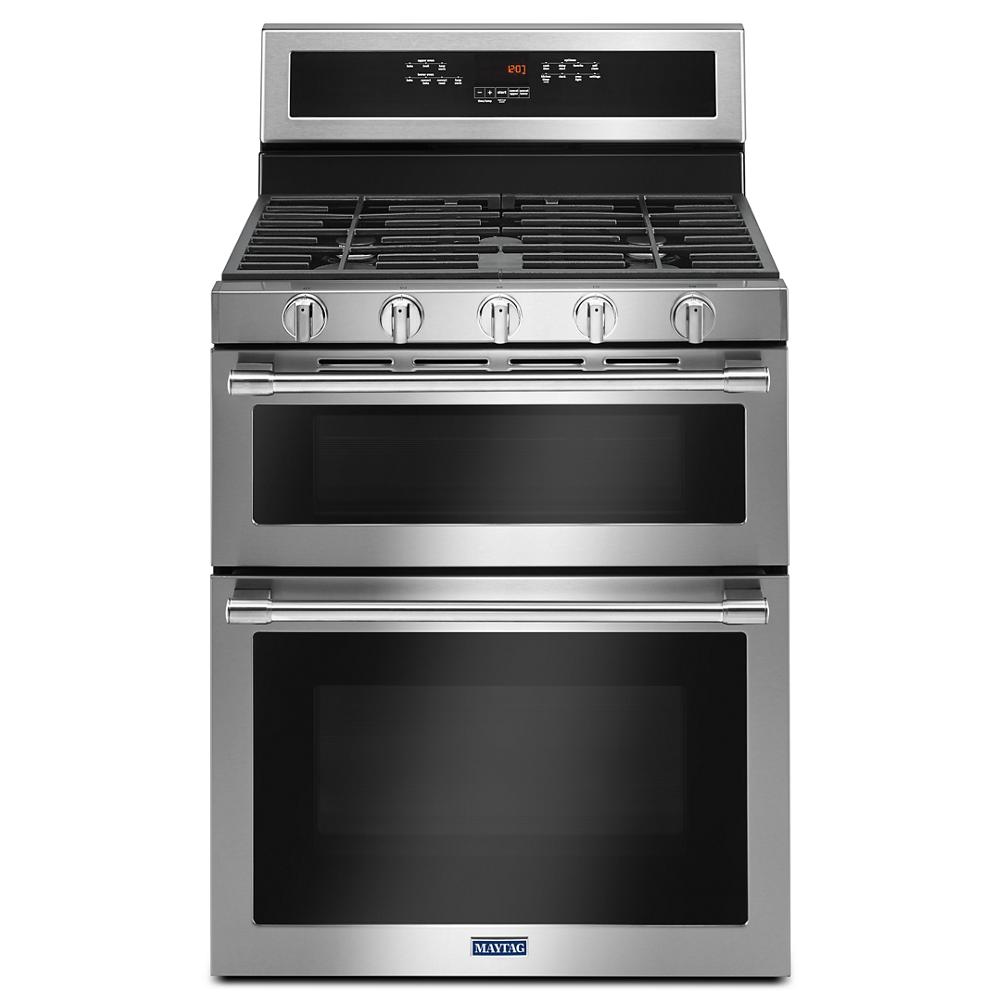 Stainless steel 30-inch wide double oven gas range with six burner control knobs, digital display panel, and spacious oven windows, part of Ranges, Gas Ranges, Kitchen & Kitchenware, Appliances, and Ranges & Cooktops collections.