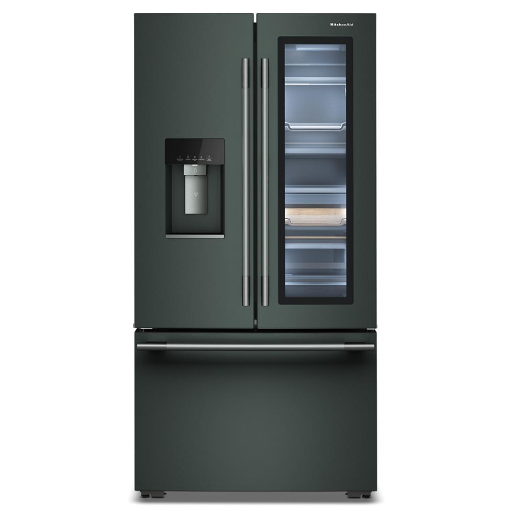 Front view of a dark finish counter-depth French door refrigerator with ClearVue™ glass panel, internal water dispenser, and bottom freezer drawer, part of KitchenAid refrigerators and kitchen appliances collections for home improvement.