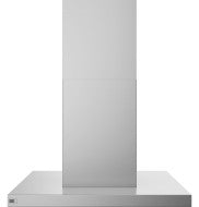 Minimalist stainless steel island-mount vent hood with chimney design and clean air sensors in modern kitchen setting