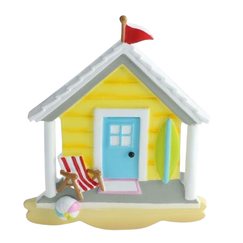 Yellow beach house ornament with blue door, striped beach chair, surfboard, and red flag in Christmas Ornaments collection under $50