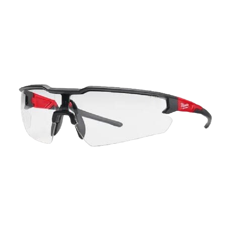 Clear wraparound safety glasses with black and red frame designed for durable eye protection in tools and home improvement tasks