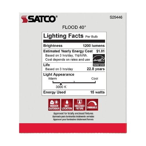 Lighting facts label showing 1200 lumens brightness, 15 watt energy use, 3000K warm light, and 22.8 years lifespan estimate