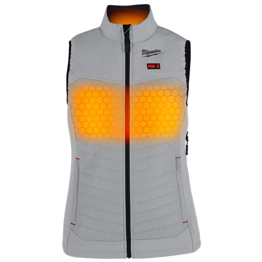 Light gray women's heated vest with AXIS heat zones, front zipper, and lightweight durable fabric from Milwaukee outerwear collection
