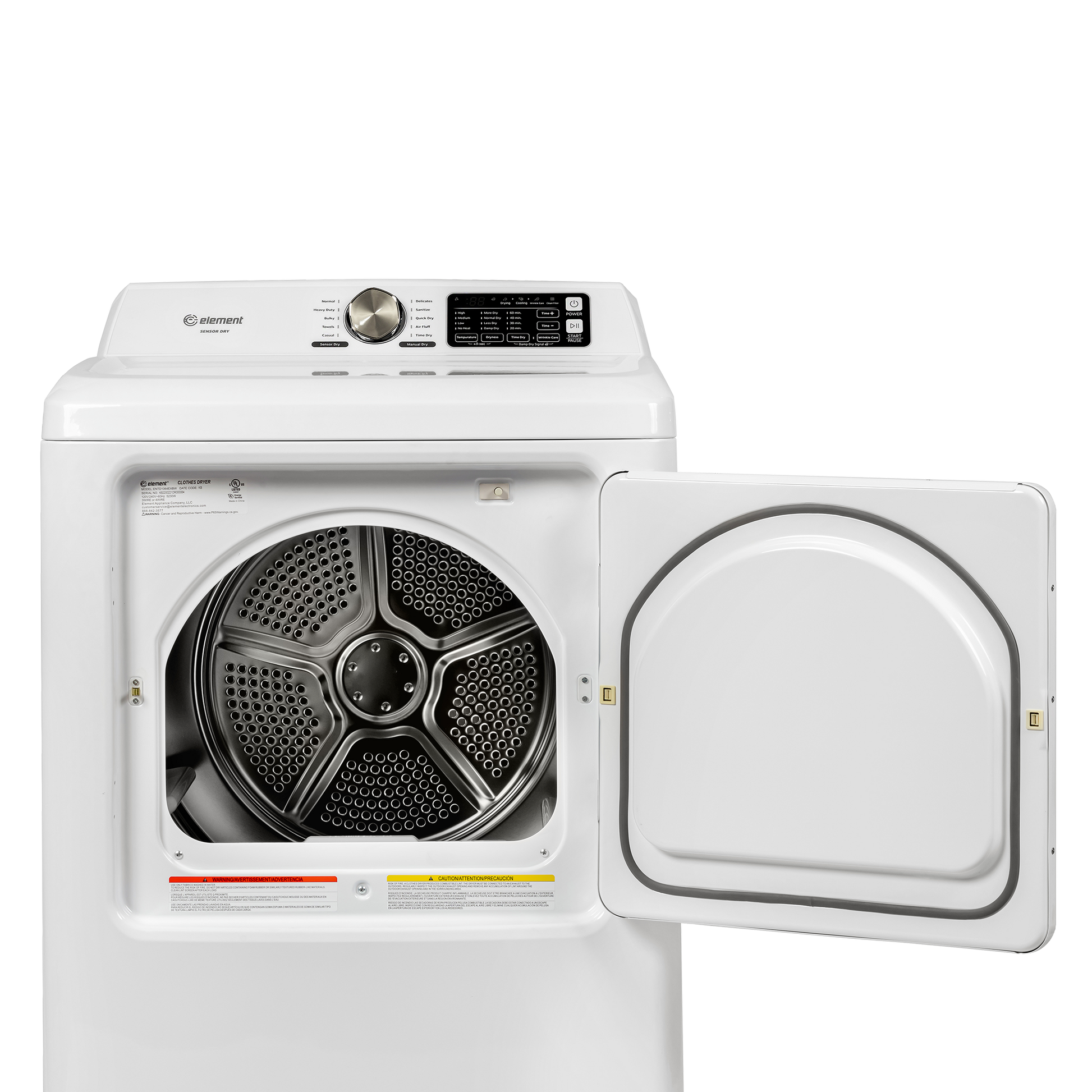 White front load gas dryer with open door showing spacious steel drum and digital control panel for laundry appliances.