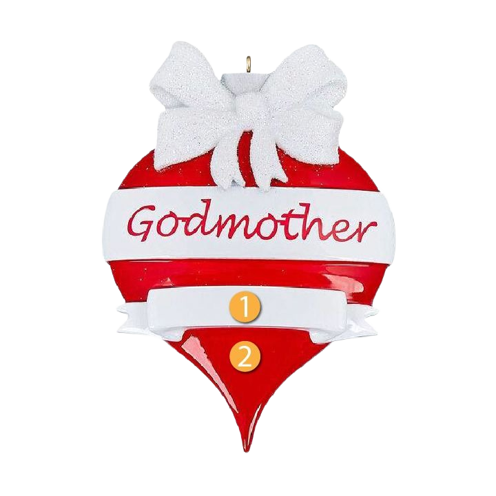 Red and white personalized Godmother ornament with bow and blank banner, Christmas tree decoration under 50 dollars