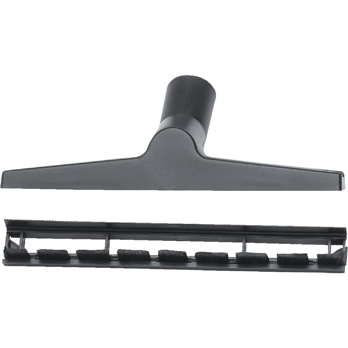 Black vacuum nozzle with squeegee edge for cleaning hard surfaces in tools and home improvement tasks