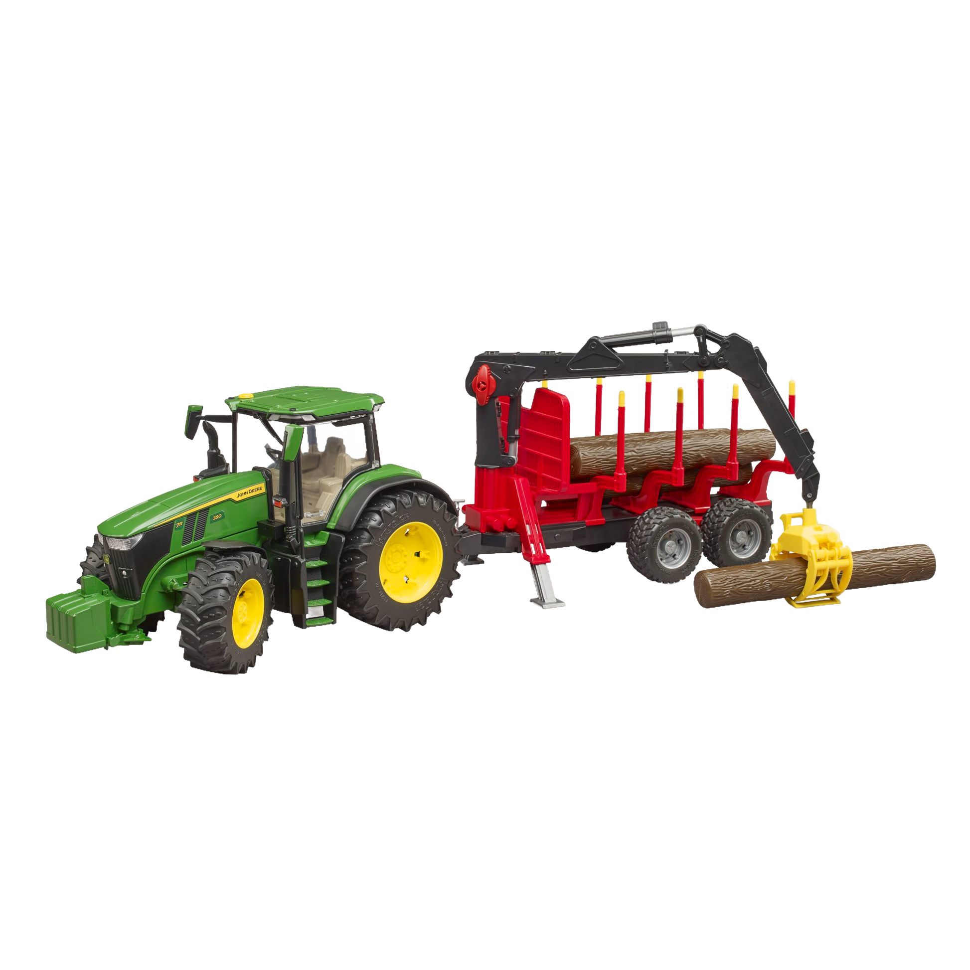 Green and yellow John Deere 7R 350 tractor toy with red forestry trailer carrying logs from Bruder Toys collection
