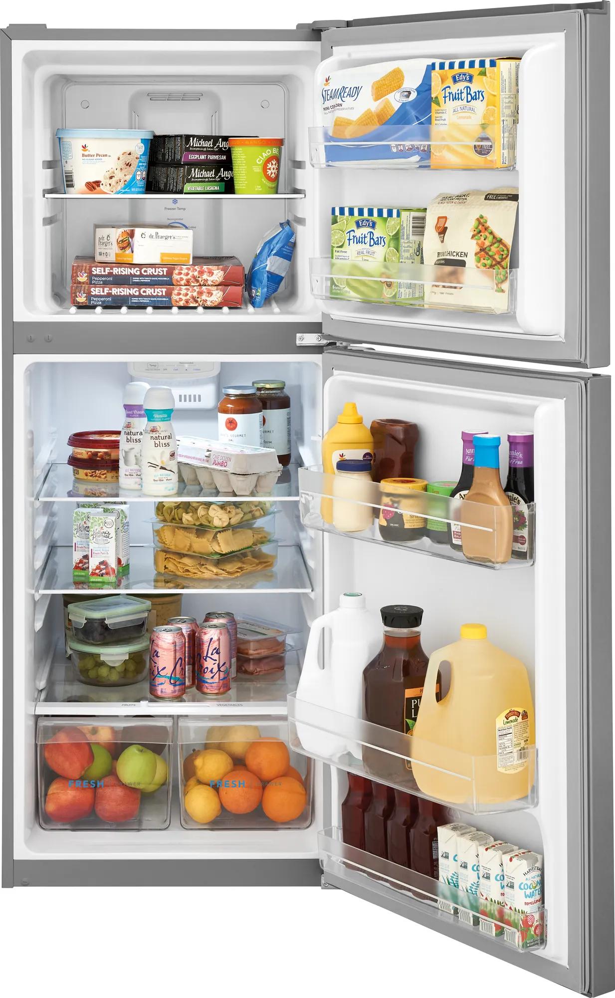 Open top freezer refrigerator with organized shelves, fresh produce drawers, and door storage in Appliances and Kitchen collections