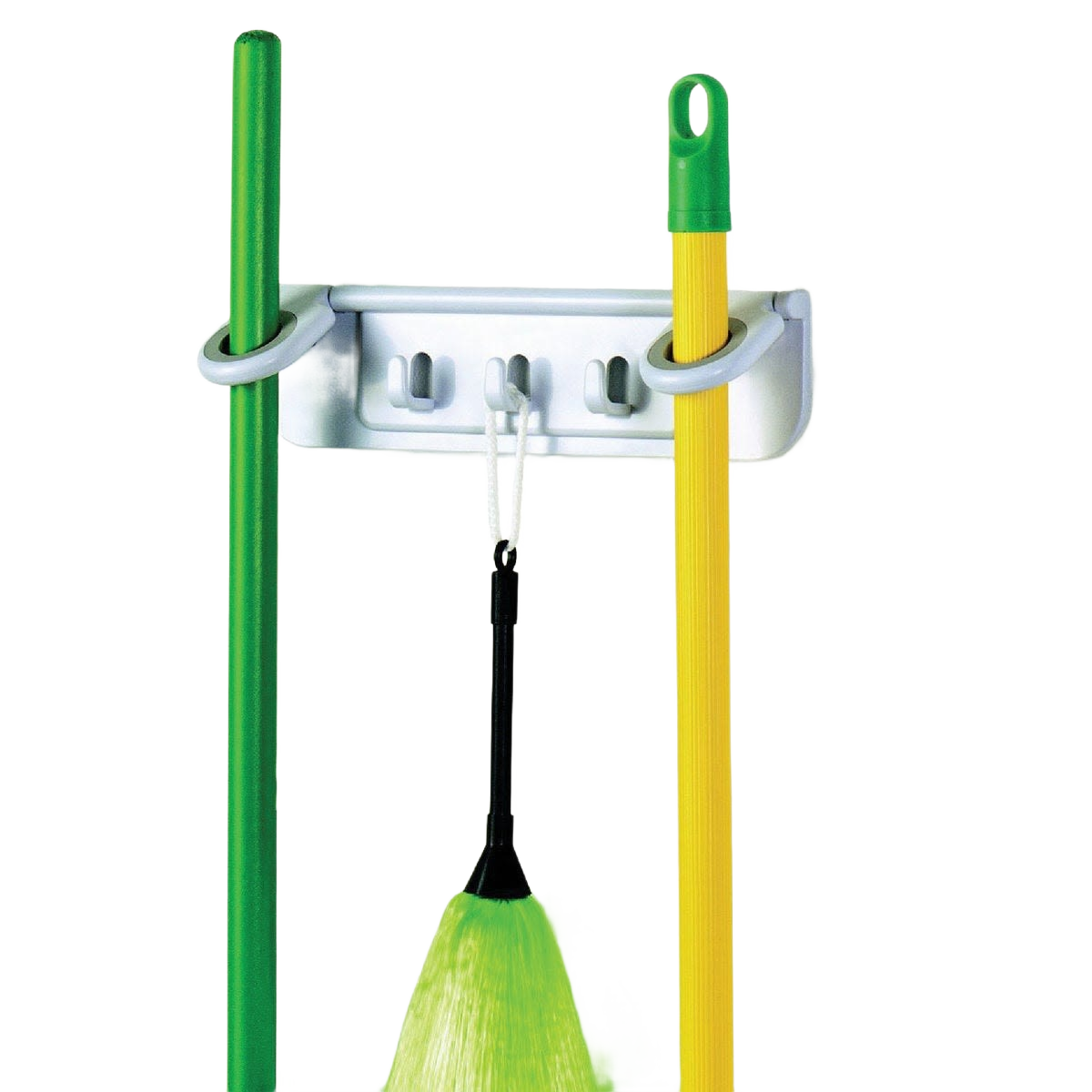 White ABS plastic tool rack with hooks and grips holding cleaning tools for home improvement hardware use