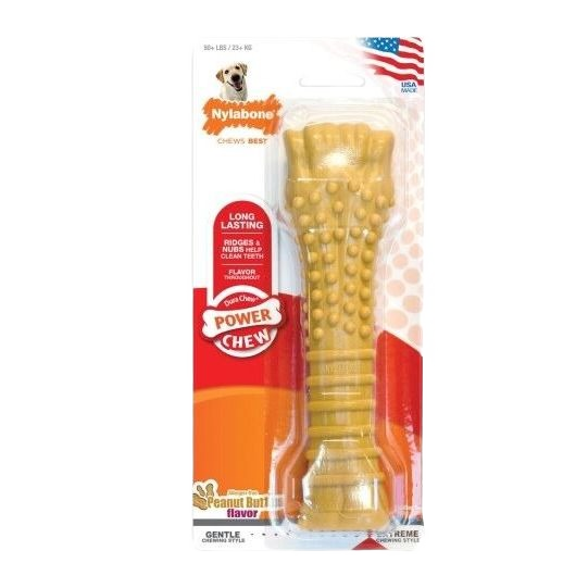 Peanut butter flavored durable dog chew bone with textured ridges in sealed retail packaging from pet supplies collection