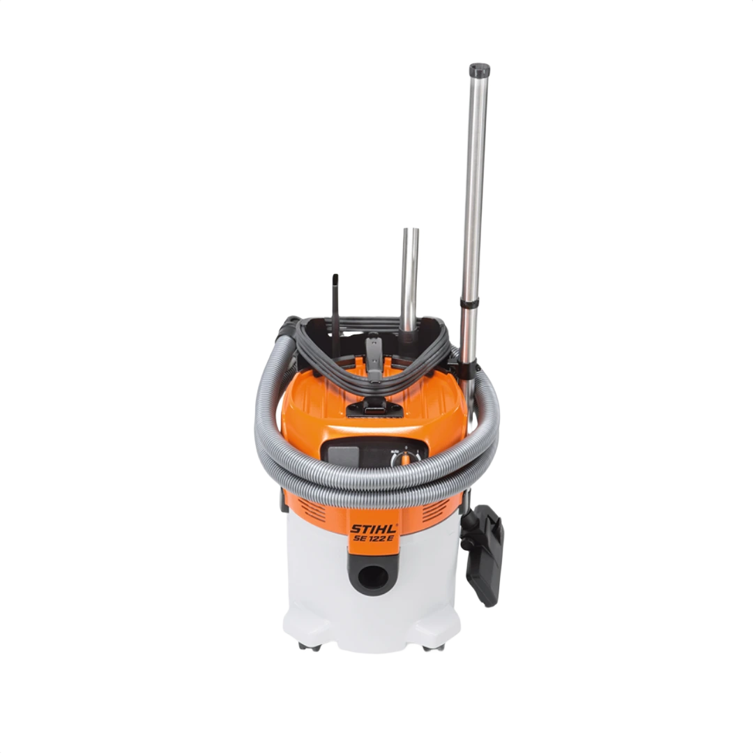 Professional-grade orange and white wet/dry vacuum with flexible hose, metal extension tubes, and wheeled base for cleaning tasks