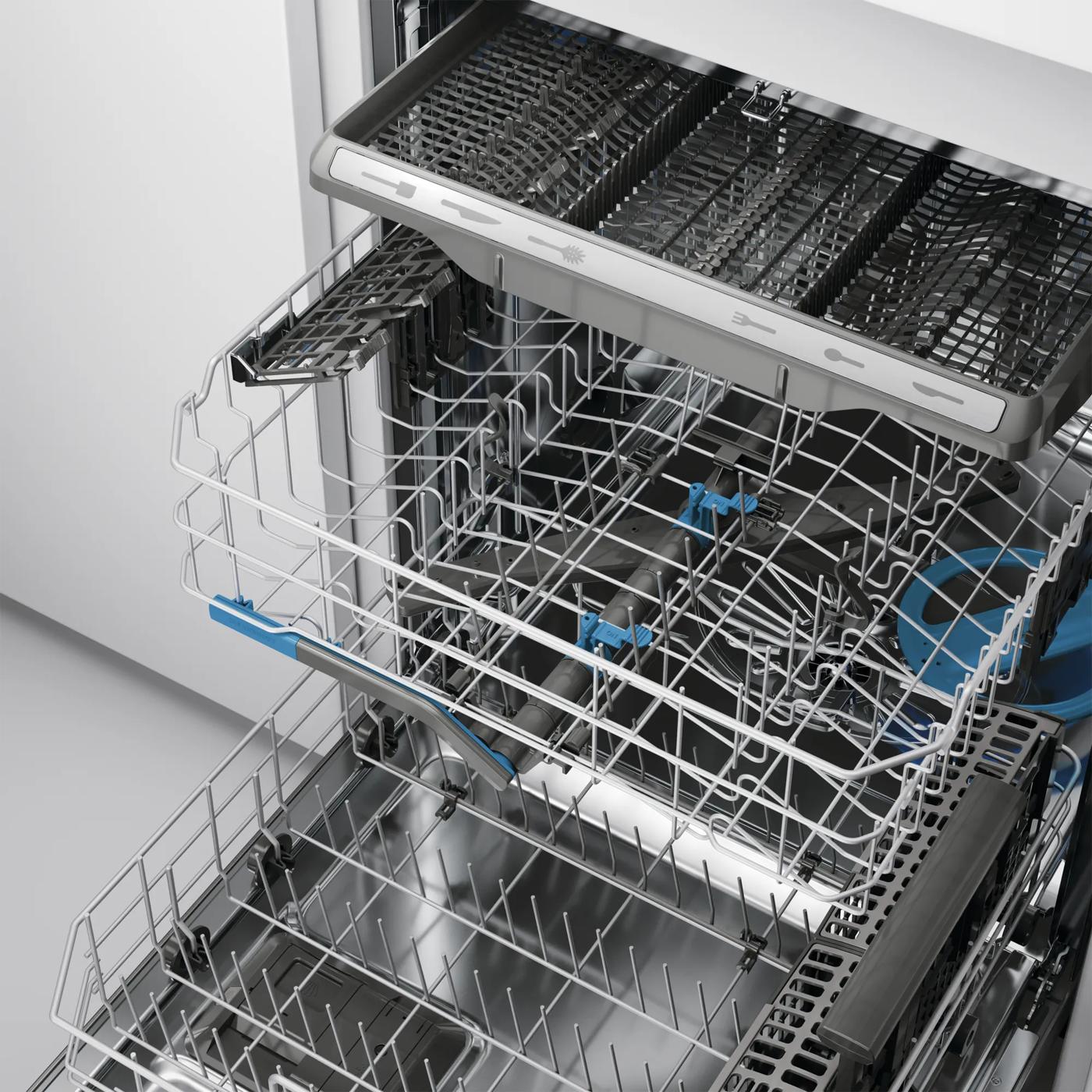 open 24-inch built-in stainless steel dishwasher with multiple adjustable racks in kitchen appliances collection