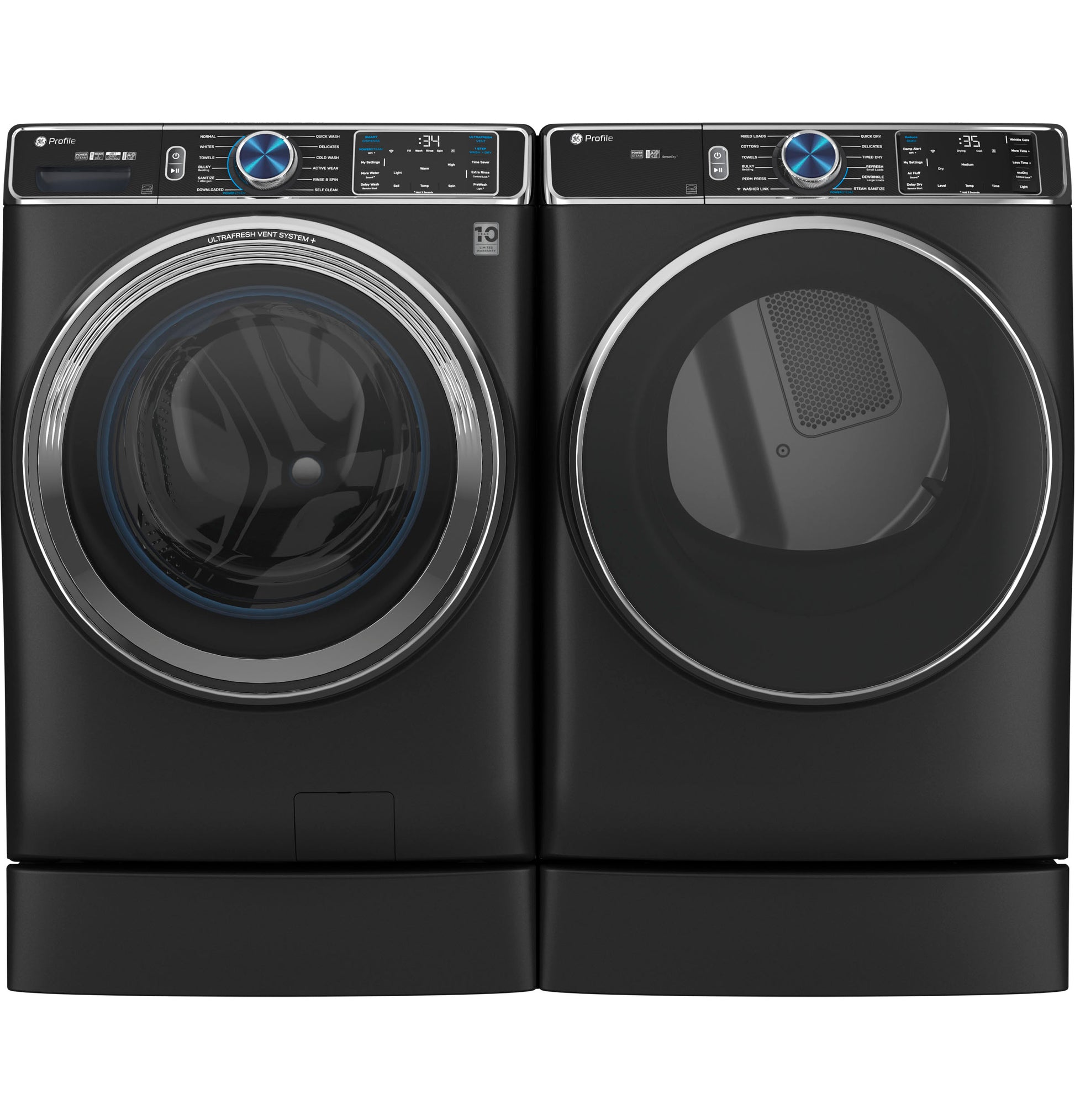 Black front load washer and dryer set on riser bases with digital control panels in Appliance Parts & Accessories collection